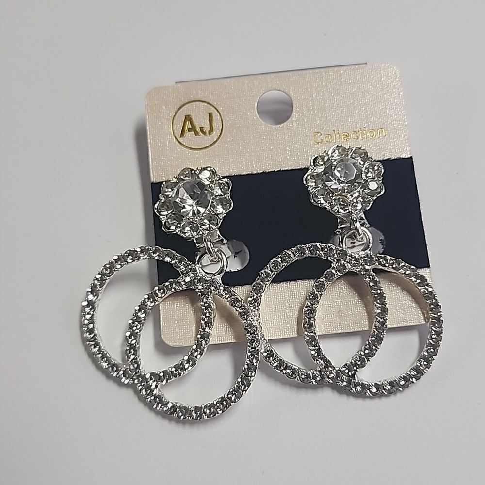 AJ Collection Clip On Earrings Silver Tone Rhinestone Circles